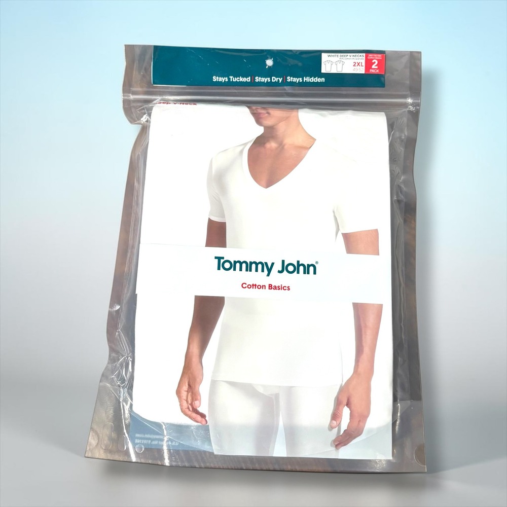 Tommy John Mens 2PK White Cotton Basics Deep V-Neck Undershirts 2XL 10011061060